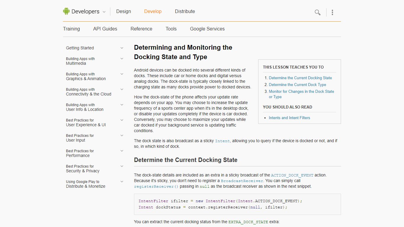 Determining and Monitoring the Docking State and Type | Android Developers
